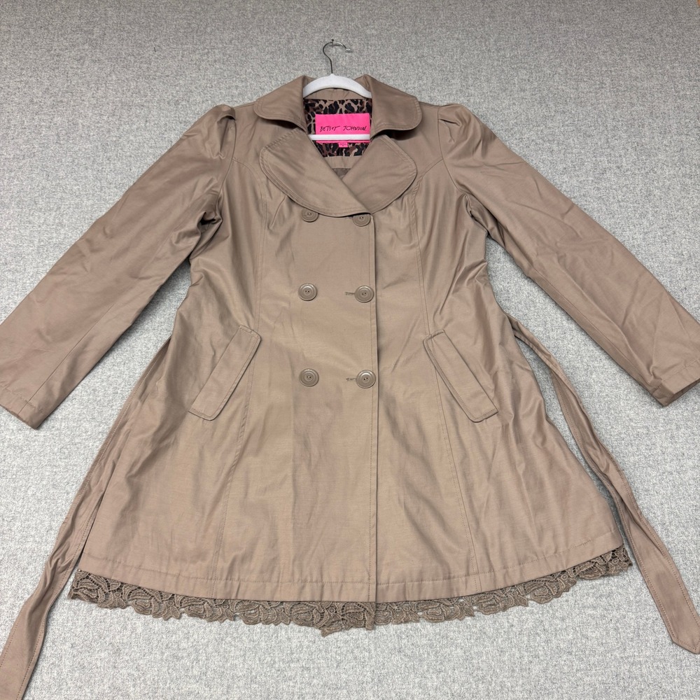 Betsey Johnson Trench Coat XL Tan Double Breasted Lace Hem Leopard Print Lining